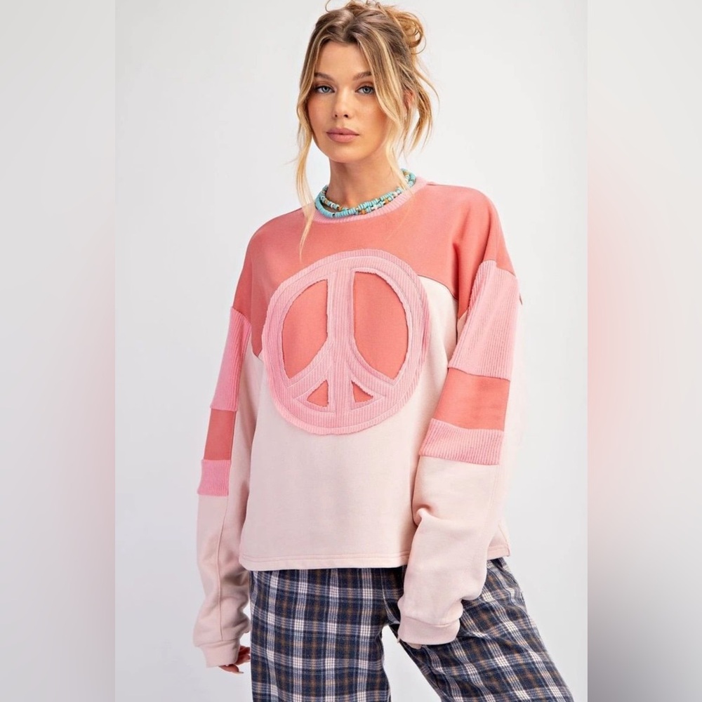 Easel Pink Peace Sign Terry Knit Pullover